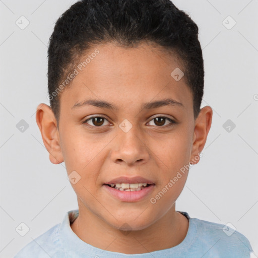 Joyful white child female with short  brown hair and brown eyes