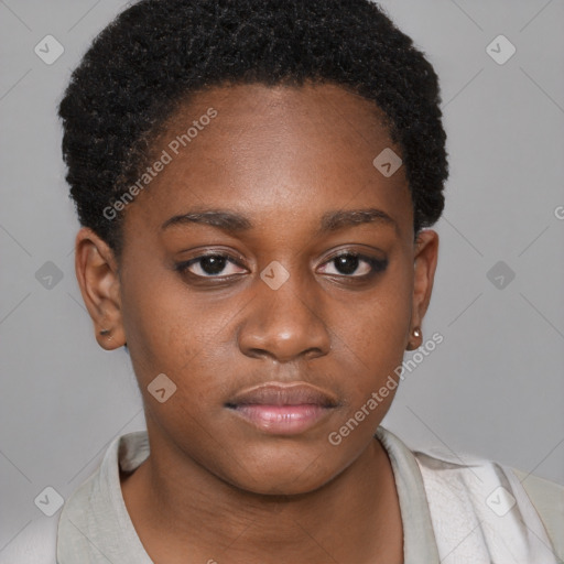 Neutral black young-adult female with short  brown hair and brown eyes