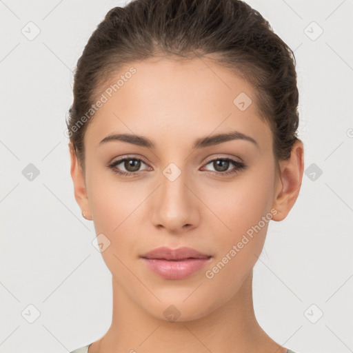 Neutral white young-adult female with short  brown hair and brown eyes