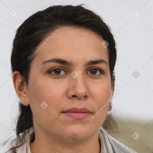 Neutral white adult female with medium  brown hair and brown eyes