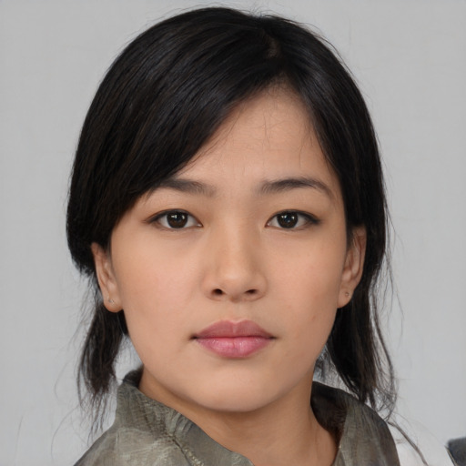 Neutral asian young-adult female with medium  black hair and brown eyes