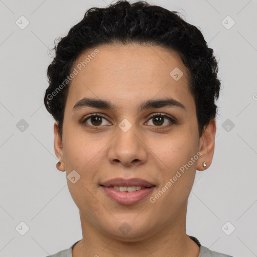 Joyful latino young-adult female with short  brown hair and brown eyes