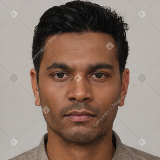 Neutral latino young-adult male with short  black hair and brown eyes