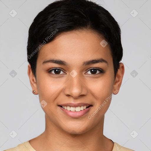 Joyful latino young-adult female with short  black hair and brown eyes