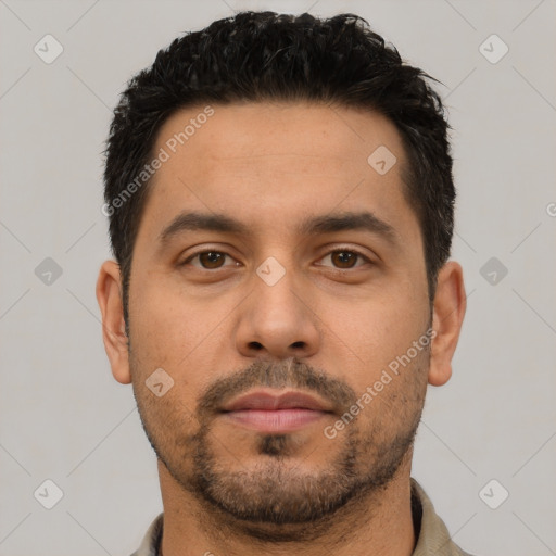 Neutral latino young-adult male with short  black hair and brown eyes