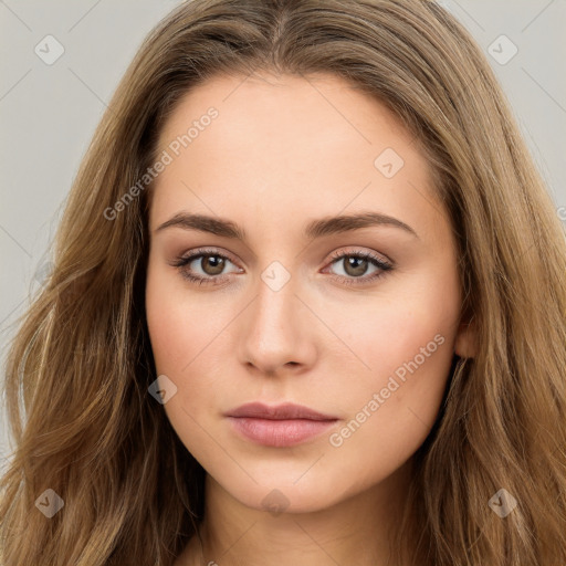 Neutral white young-adult female with long  brown hair and brown eyes