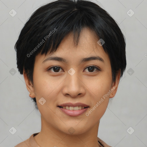 Joyful asian young-adult female with short  brown hair and brown eyes