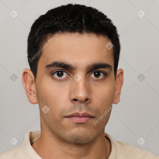 Neutral latino young-adult male with short  black hair and brown eyes