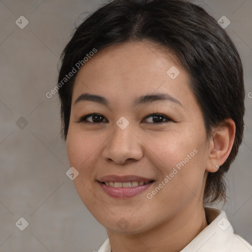 Joyful white young-adult female with medium  brown hair and brown eyes