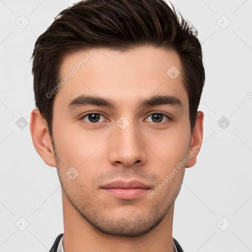 Neutral white young-adult male with short  brown hair and brown eyes