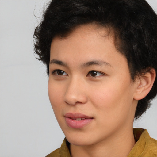 Neutral white young-adult female with short  brown hair and brown eyes