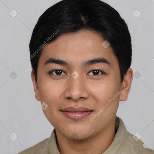 Joyful asian young-adult male with short  black hair and brown eyes