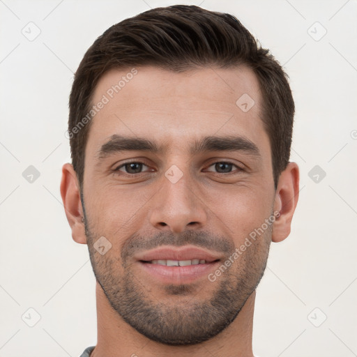 Joyful white young-adult male with short  brown hair and brown eyes