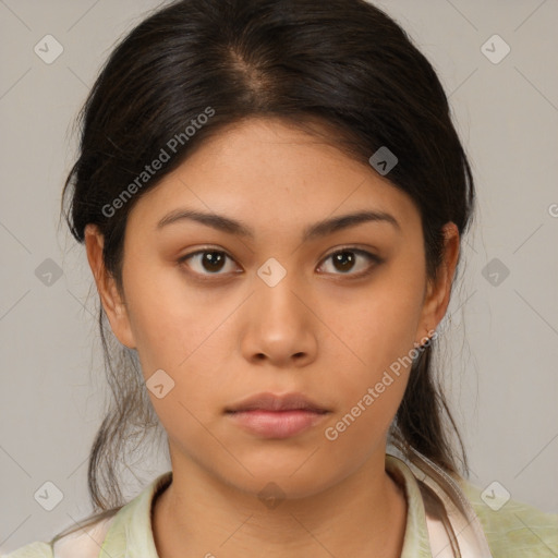 Neutral asian young-adult female with medium  brown hair and brown eyes