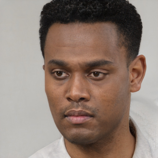 Neutral black young-adult male with short  black hair and brown eyes