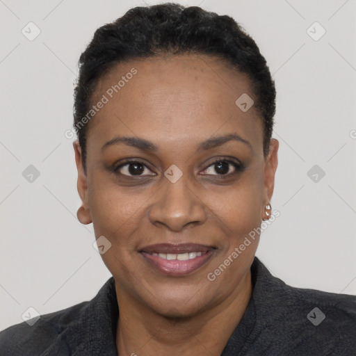 Joyful black adult female with short  black hair and brown eyes