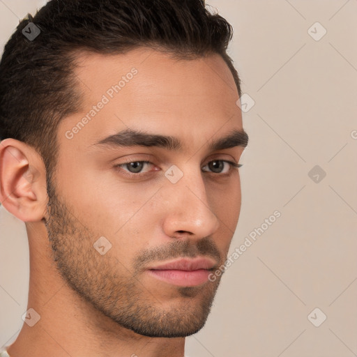 Neutral white young-adult male with short  brown hair and brown eyes