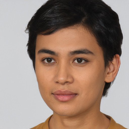 Neutral latino young-adult male with short  brown hair and brown eyes
