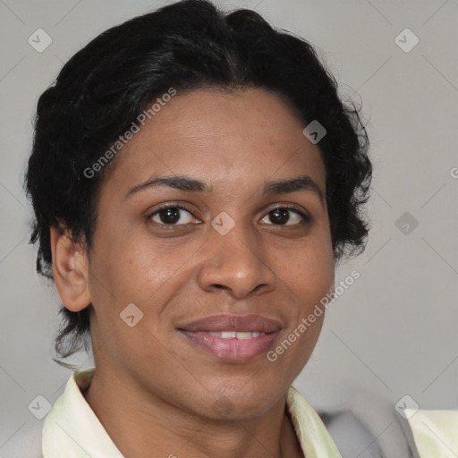 Joyful latino adult female with short  brown hair and brown eyes