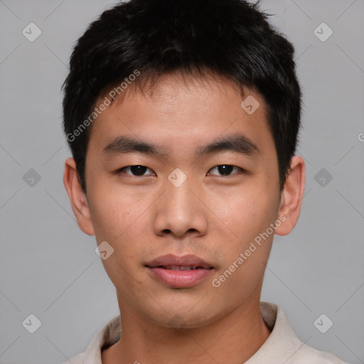 Neutral asian young-adult male with short  brown hair and brown eyes