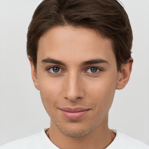 Neutral white young-adult male with short  brown hair and brown eyes