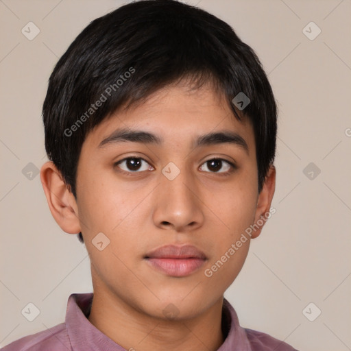 Neutral latino young-adult male with short  black hair and brown eyes