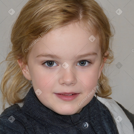 Joyful white child female with medium  brown hair and blue eyes