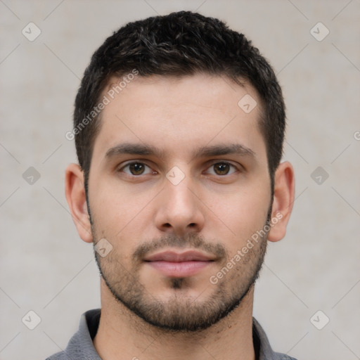 Neutral white young-adult male with short  brown hair and brown eyes