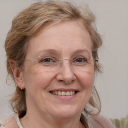 Joyful white adult female with medium  brown hair and blue eyes