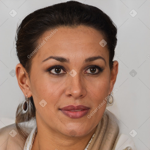 Joyful latino young-adult female with short  brown hair and brown eyes