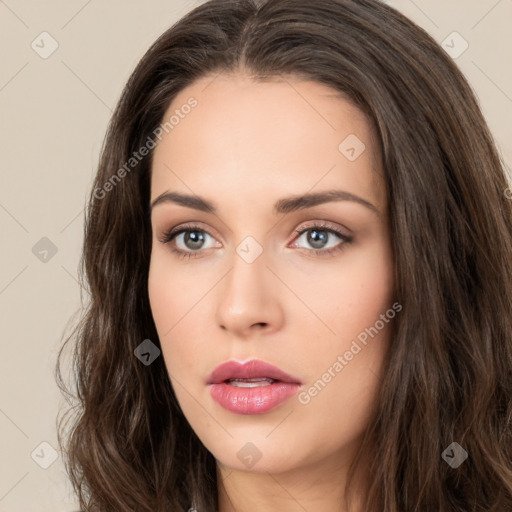 Neutral white young-adult female with long  brown hair and brown eyes