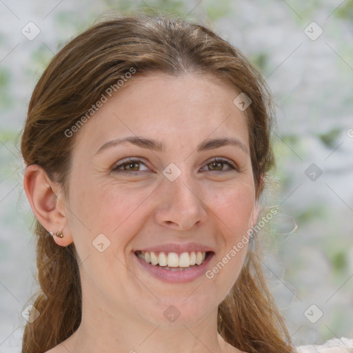 Joyful white adult female with medium  brown hair and grey eyes