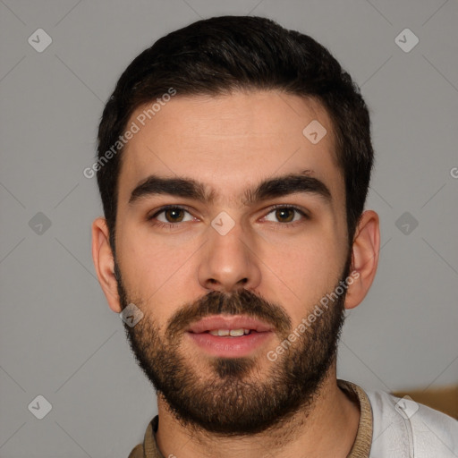 Neutral white young-adult male with short  black hair and brown eyes