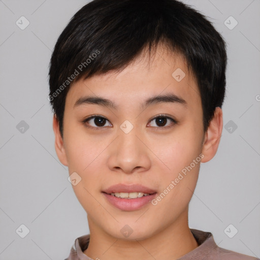 Joyful asian young-adult female with short  brown hair and brown eyes