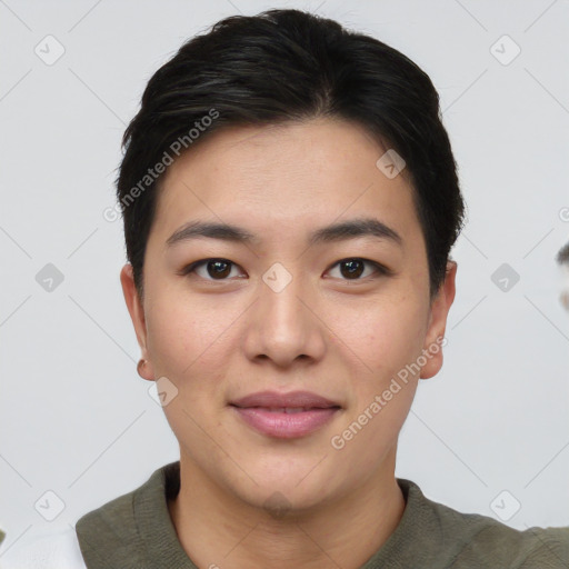 Joyful asian young-adult female with short  brown hair and brown eyes