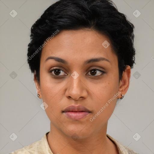 Neutral latino young-adult female with short  black hair and brown eyes