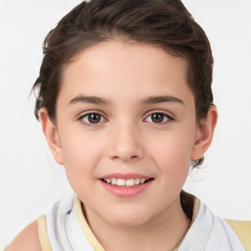 Joyful white child female with medium  brown hair and brown eyes