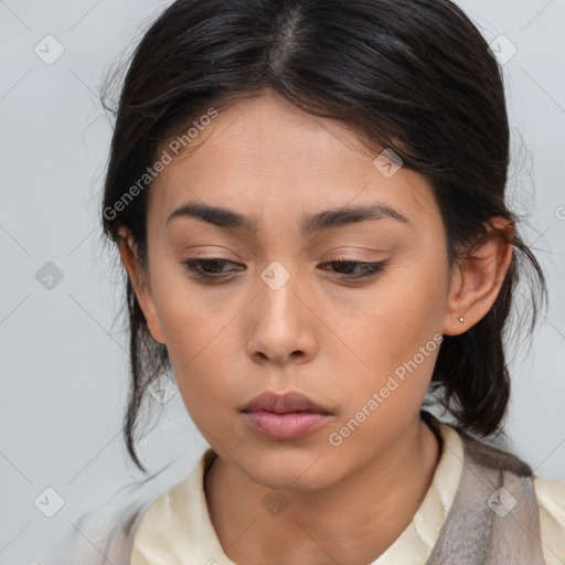 Neutral asian young-adult female with medium  brown hair and brown eyes