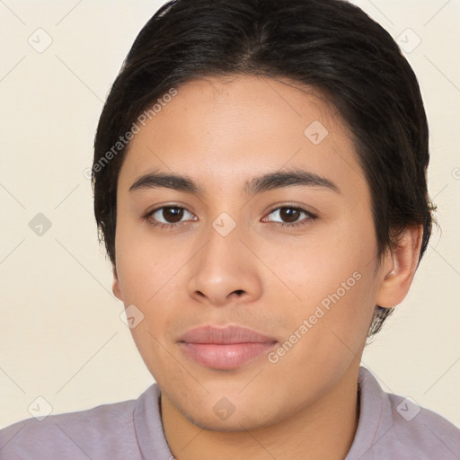 Joyful latino young-adult female with short  brown hair and brown eyes