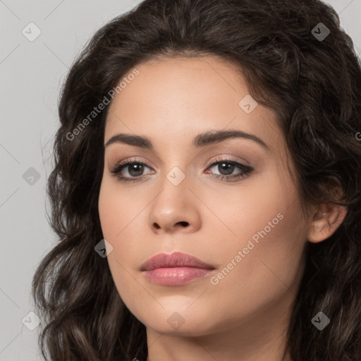 Neutral white young-adult female with long  brown hair and brown eyes