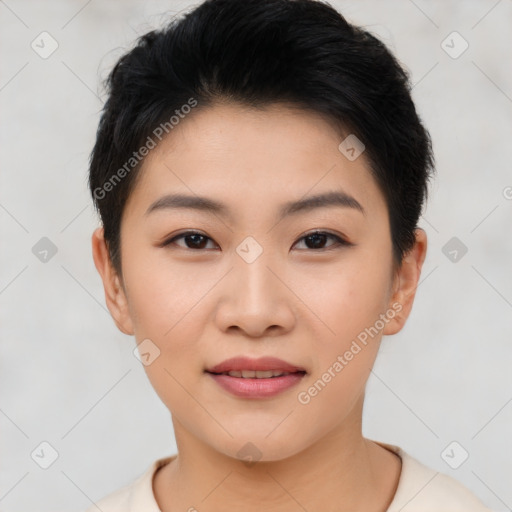 Joyful asian young-adult female with short  black hair and brown eyes