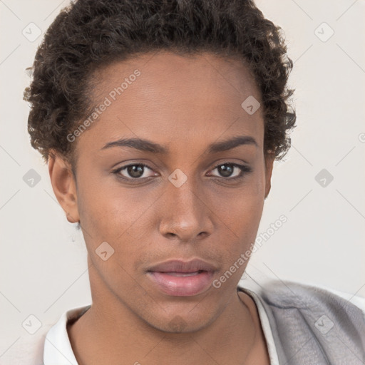 Neutral white young-adult female with short  brown hair and brown eyes