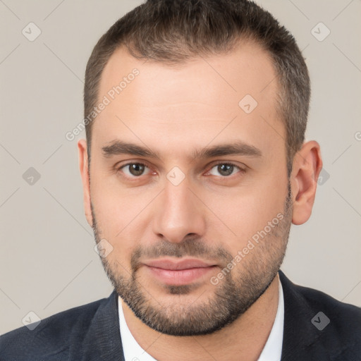 Neutral white young-adult male with short  brown hair and brown eyes