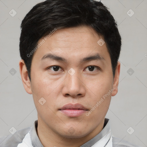 Neutral asian young-adult male with short  brown hair and brown eyes