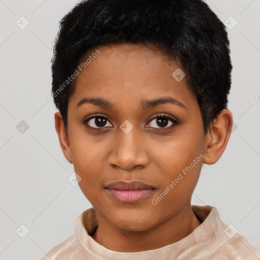 Joyful black young-adult female with short  black hair and brown eyes