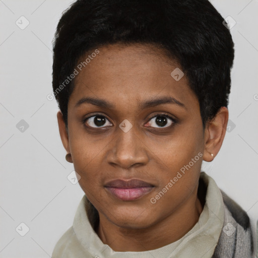 Neutral black young-adult female with short  black hair and brown eyes