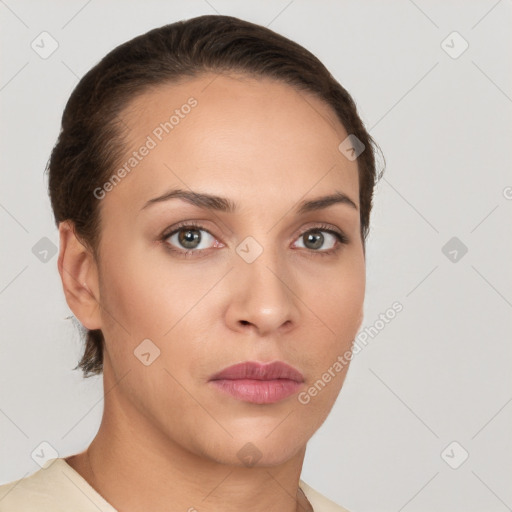 Neutral white young-adult female with short  brown hair and brown eyes