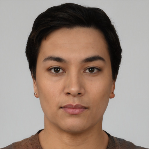 Neutral latino young-adult female with short  black hair and brown eyes