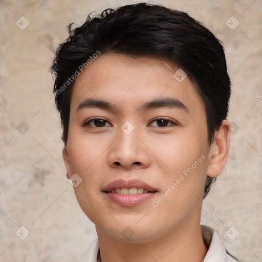 Joyful asian young-adult male with short  black hair and brown eyes