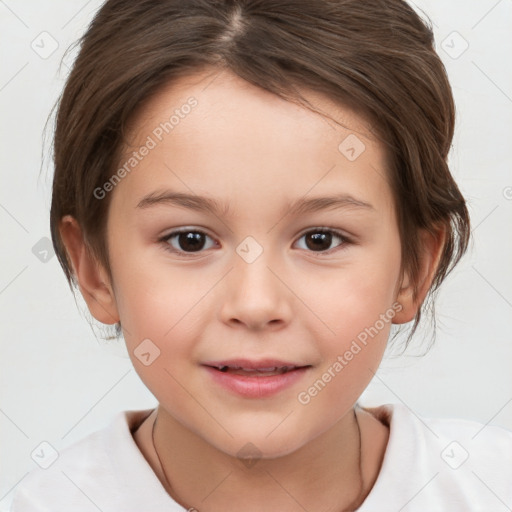 Joyful white child female with medium  brown hair and brown eyes